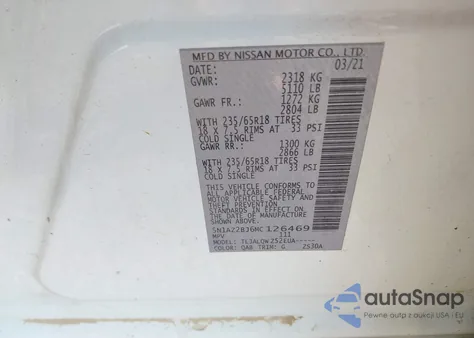 2021 Nissan Murano Sv Fwd z USA, uszkodzony, nr VIN 5N1AZ2BJ6MC126469